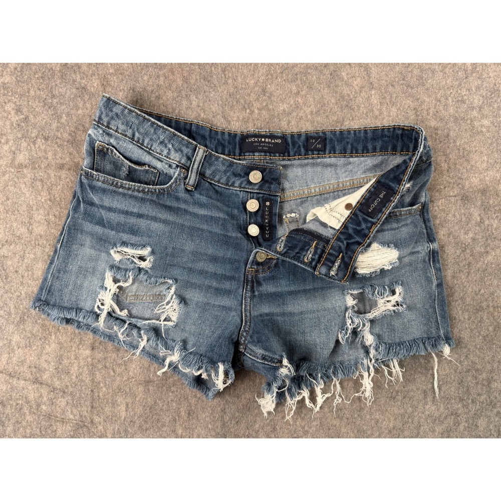 Lucky Brand Cut Off Distressed Denim Shorts Blue Button Fly Womens Size 10/30